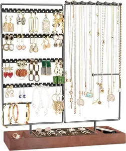 Jewelry Organizer Stand Earring Holder Organizer, 6 Tiers Earring Organizer Tree Necklace Rack Jewellery Tower Bracelets Holder Storage with Removable Wooden Ring Tray for Women Girls -Black