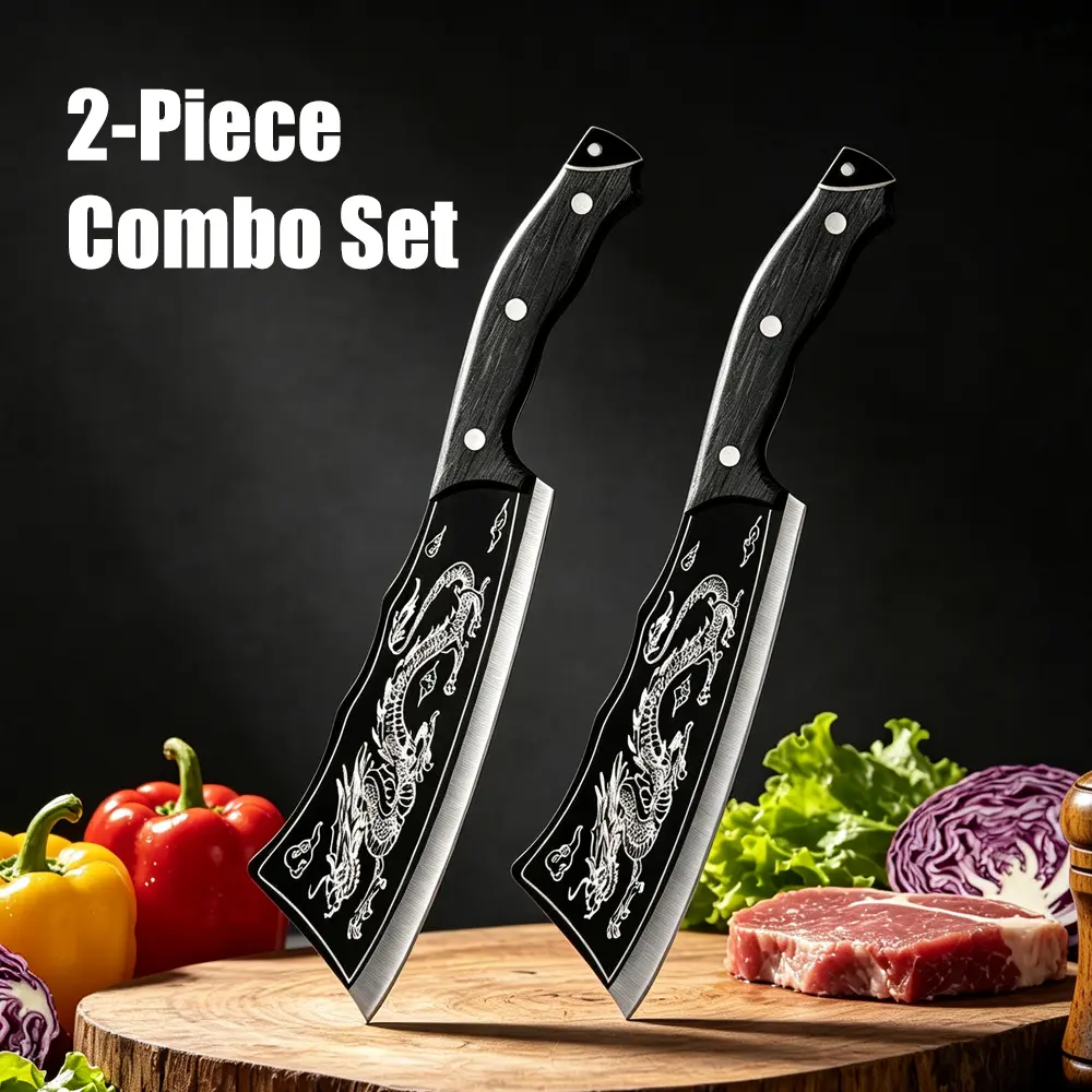 2-Piece Heavy Duty Meat Cleaver Set Dragon Embossed BBQ Butcher Knife with Sheath High Carbon Stainless Steel Professional Kitchen Chef Knife for Meat Cutting Slicing,gift,compact,d2,pocket,nylon,multifunctional,lightweight,everyday,benchmade,er,a,outdoor