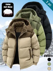 Men's Thickened Hooded Down Jacket, Winter Colorblock Windproof Warm Coat, Detachable Hat, Fashionable Fall & Winter Outerwear, Hooded Puffer Coat