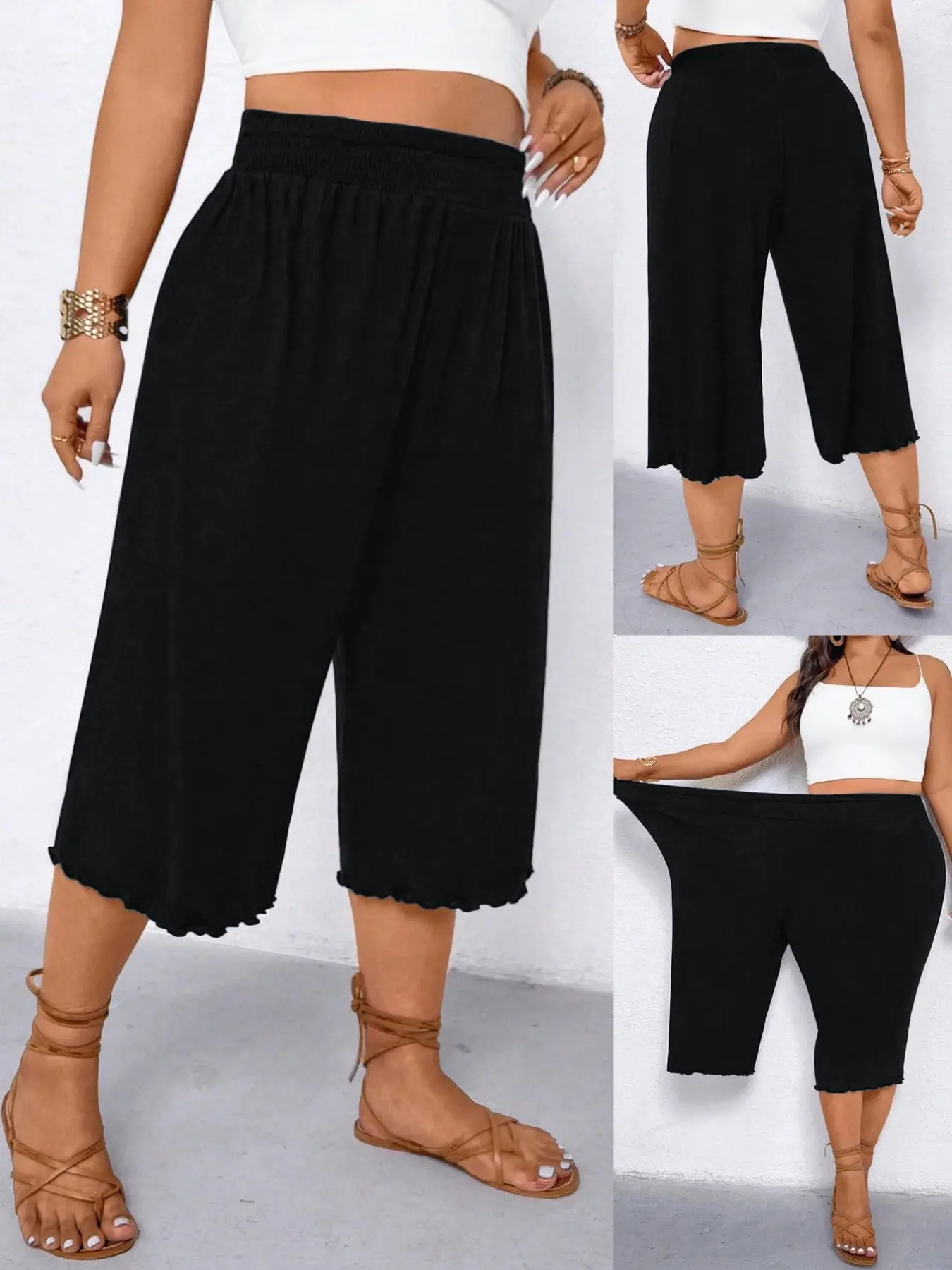 Women's Plus Size Wide Leg Capri Pants Scalloped Hem Culottes Smocked Elastic High Waist Cropped Bohemian Trousers Casual Summer Lounge Flowy Trendy Boho Festival Trousers Womenswear Bottom Boho Casual Bottoms