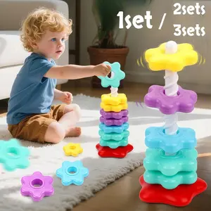 3 sets/2 sets/1 set Rainbow Spinning Stacking Sensory Product, Early Learning Materials and Teaching Supplies, Spinning Tower/Color/Size Cognition Parent-Child Interaction Early Education Supplies / Can Train Children's Hand-Eye Coordination, Colors Rando