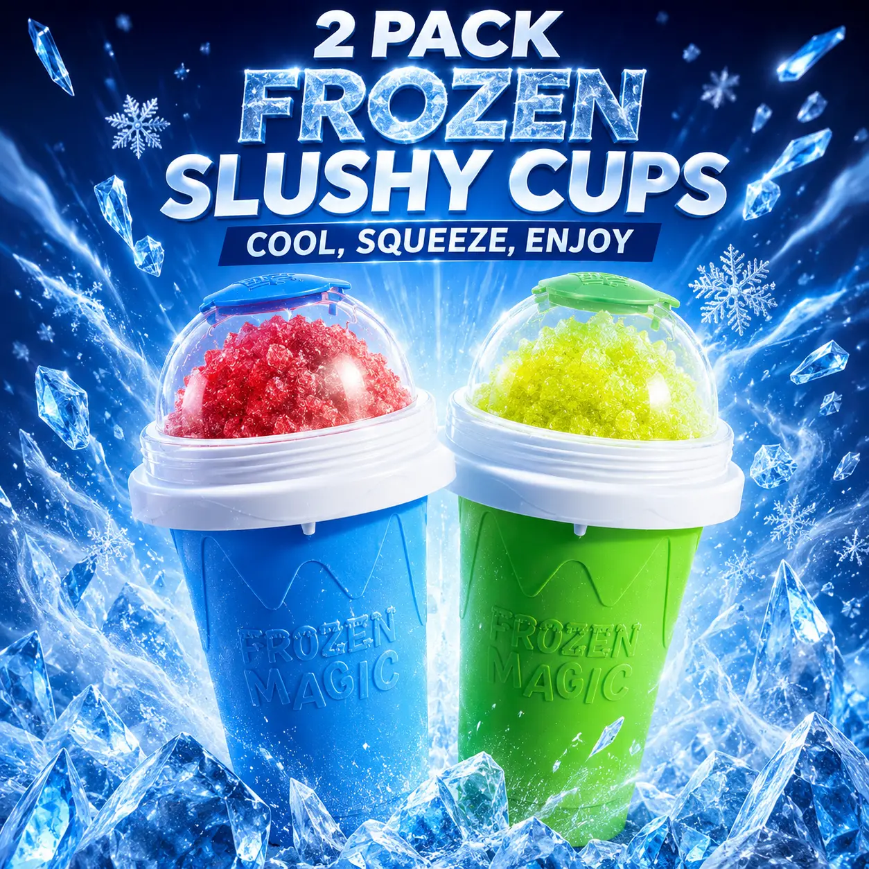 2PCS Slushie Cup for Sugary Drinks, Reusable Frozen Smoothie Squeeze Cup with Lid and Spoon Straw, DIY Slushie Maker Cup for Summer Drinks, Juice, Soda, Sweet Tea, Parties and Family Use,  slushy   cup,summer slushie cup,frozen juice cup,cola slushie cup
