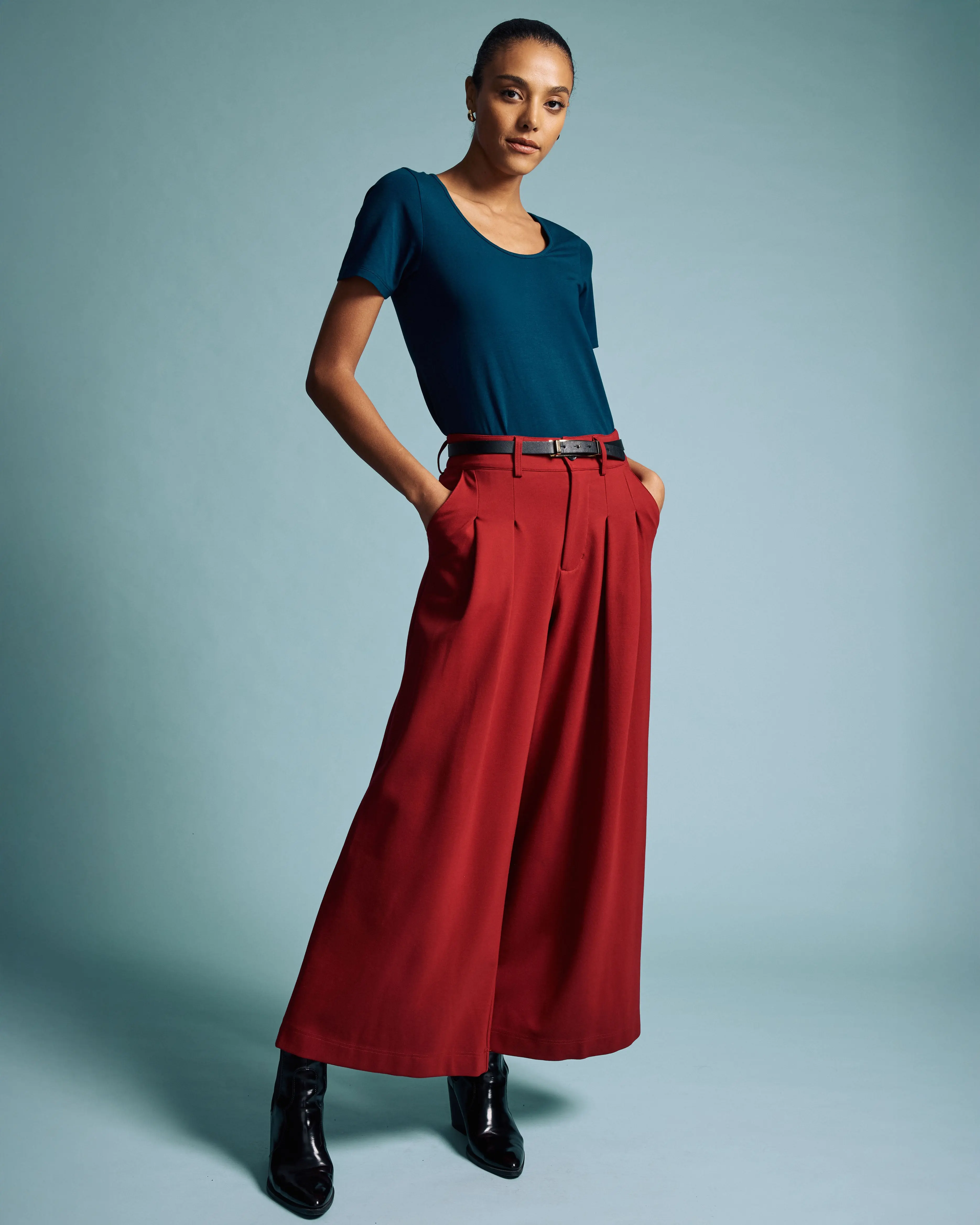 Women's Wide Leg Ponte Pants with Double Pleats, High Stretch Wrinkle-Resistant Fabric for Business Wear, Zipper Fly, Ponte Fabric, Button, Clothes