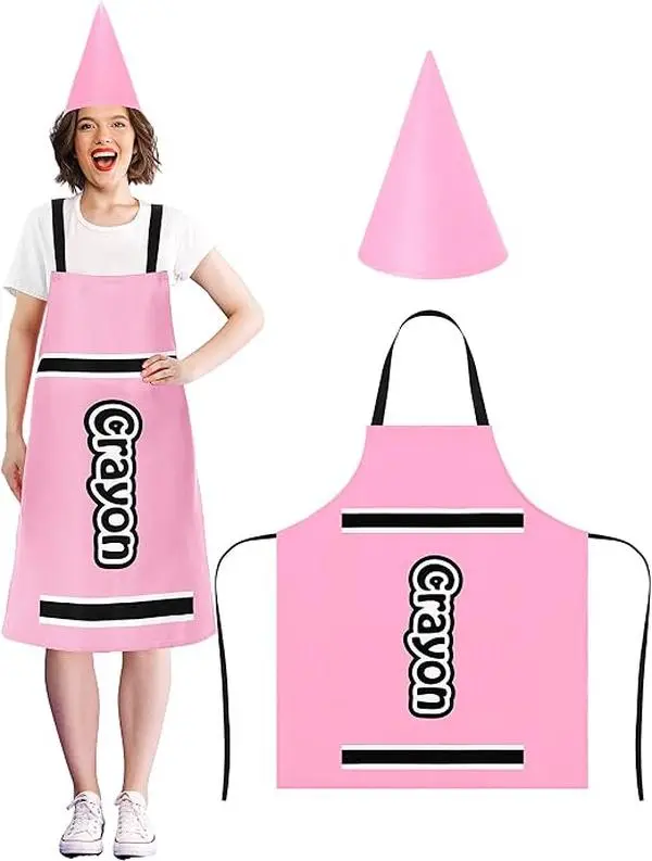 Halloween Teacher Crayon Costume Apron and Gnome Cone Hat  Set Teacher Group Crayons Quit Costume Parade Book Character Day Team Cosplay Rainbow Apron Cotume Creative Fancy Dress for Art Teachers Educators and School Staff Classroom Party Spirit Week