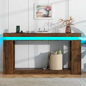 63" Long Console Table with LED Lights & Power Outlet, 2-Tier Farmhouse Sofa Table Behind Couch with Storage