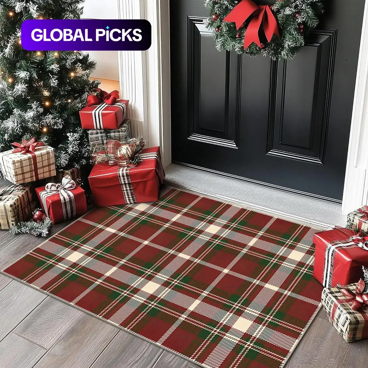 Christmas Door Mat, Vintage Checkered Outdoor Rug, American Retro Farmhouse Style Floor Mat, Holiday Home Decor Carpet, Decorative Rug, Home Decor Rugs #GLOBAL PICKS