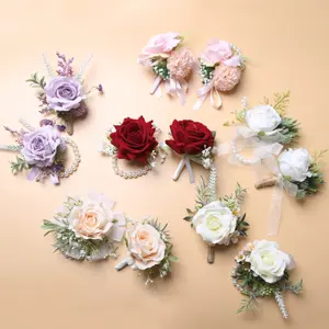 Red Rose Corsage and Boutonniere Set Corsage Wristlet Band Bracelet for Prom Decor and Boutonniere for Men Wedding Flowers Accessories Party Suit Decoration