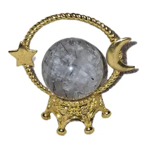 Tourmalinated Quartz Crystal Sphere with Black Inclusions, Moon Star Stand