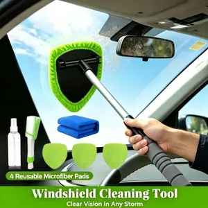 8-Piece Windshield Cleaner Tool Set, Extendable Handle Car Window Cleaning Kit with 4 Washable Microfiber Pads, Anti-Fog Auto Glass Cleaner for Interior Windshield and Mirror, Car Detailing Accessories【FathersDayGift】