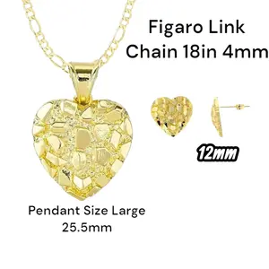 14k Gold Plated Nugget Jewelry Set - Textured Heart Minimalist Push Back Stud Earrings & Rope Chain Necklace for Men/Women Unisex