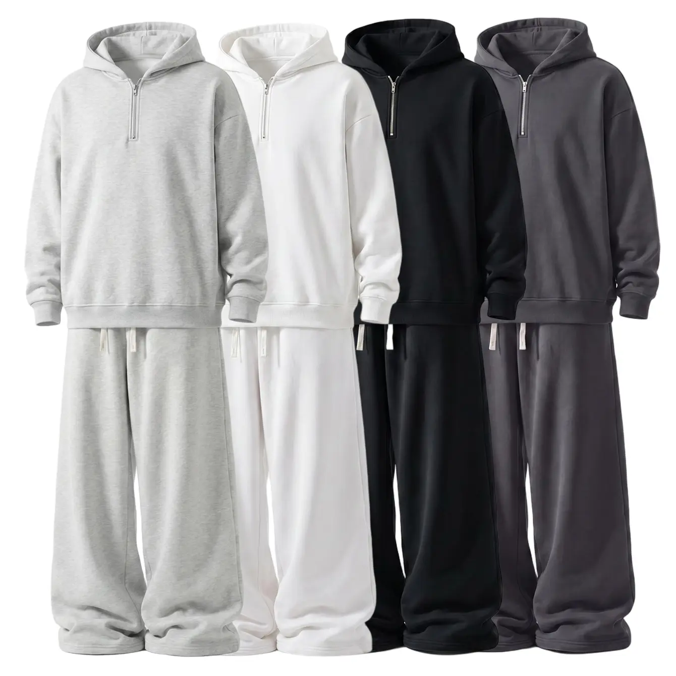 Men’s fashion trendy hoodie sweatshirt set: long-sleeve half-zip hoodie paired with drawstring pants. Regular fit, knit fabric, multicolor combo set with solid color design. Suitable for casual everyday wear, streetwear, and sports/fitness activities.