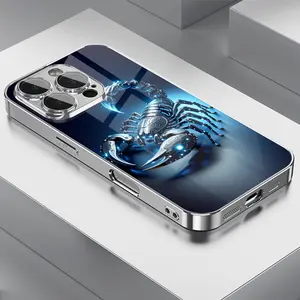 Creative Technology Blue Light Metal Scorpion Pattern Electroplated Glass Phone Case with Lens Protection for iPhone 17 Pro Max Phone Case 17 Air 16E 16 Pro Max 15 Pro Max 15 Plus 14 Plus 13 12 11 Phone Cases,Samsung Galaxy S25 Ultra S22 S23 FE S24 Plus