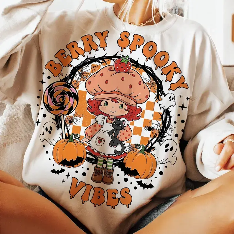 Retro Halloween Strawberry T-Shirt, Cute Cartoon Fruit Graphic Tee, Vintage Strawberry Ghost Shirt, Funny Spooky Season Outfit Gift