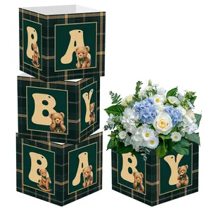 4 Pcs Plaid Bear Baby Shower Flower Boxes, Centerpiece Decorations, Vintage Preppy Teddy Block, Floral Holder, Gender Reveal Party Decors