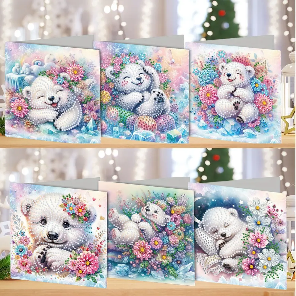 6 pieces/set DIY diamond painting Craft Art greeting cards, white bear pattern with special round crystals, Card Sets, used for greeting cards and letters, handmade New Year greetings and blessing Design