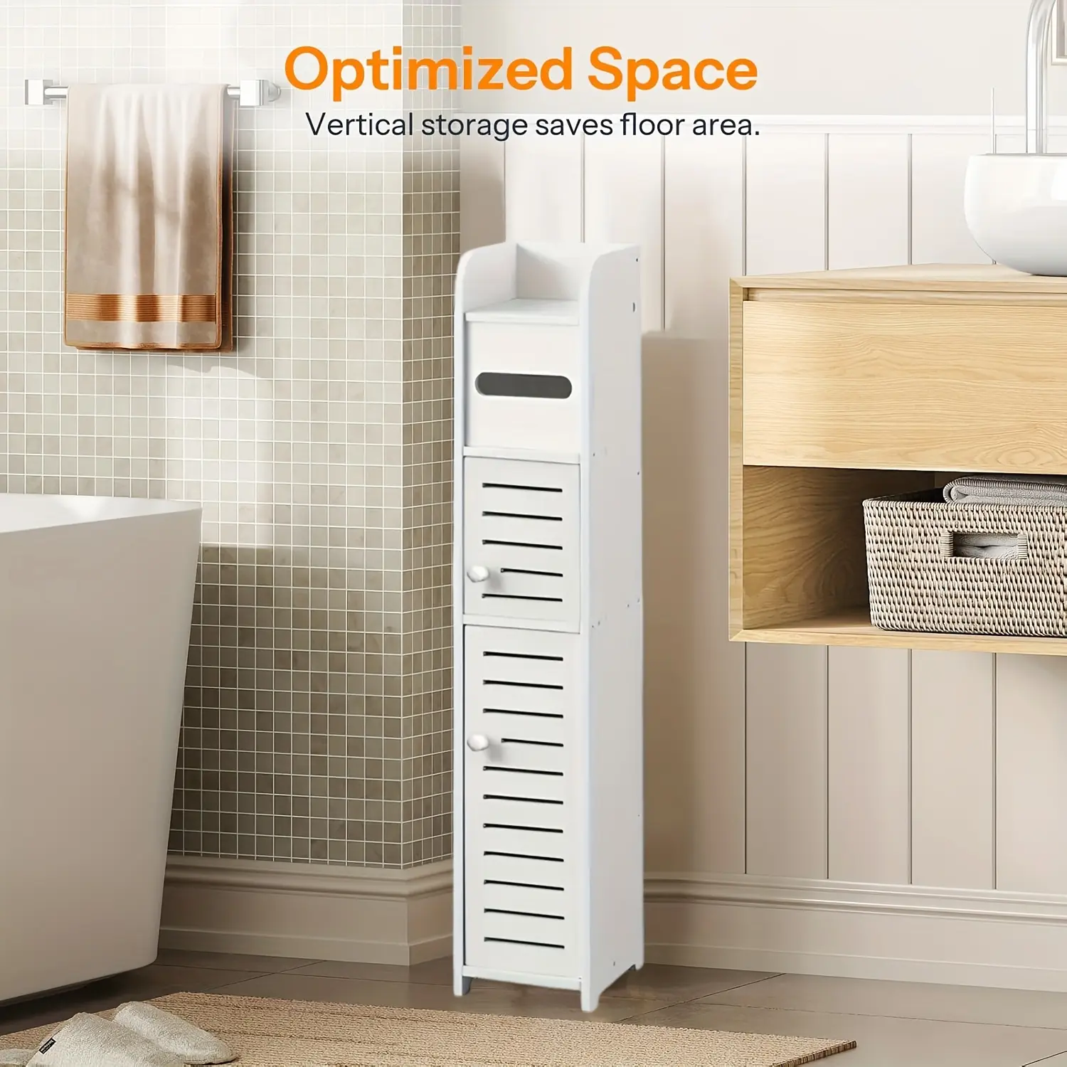 Bathroom Storage Cabinet, Small Corner Floor Cabinet with 2 Doors And Adjustable Shelves, Narrow Toilet Paper Holder, Bathroom Storage Shelf, Suitable for Small Spaces