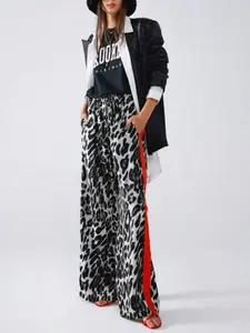 Women's Plus Size Loose Casual Elastic Wide Leg Pants, Leopard Patchwork Colorblock Design, Perfect for Vacation, Fitted Style, All Seasons
