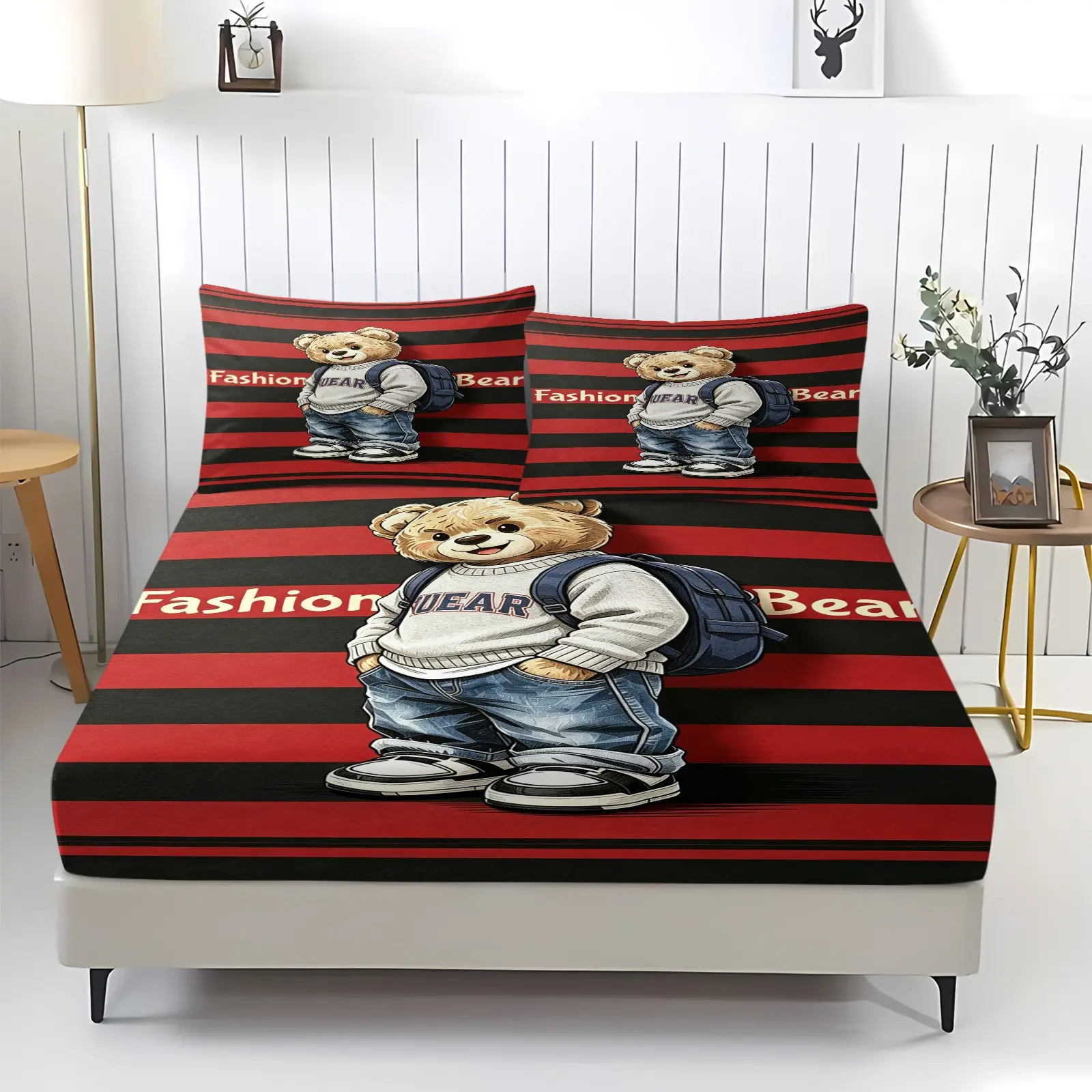 Cartoon printed bedding, cartoon teddy bear pattern printed bed sheet, fitted sheet set including 1 bed sheet and 2 pillowcases, anti slip dust cover suitable for bedrooms, guest rooms, personal use or gift giving