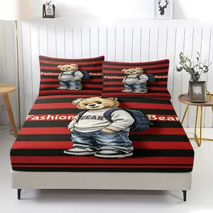 Fashion and trendy cartoon teddy bear pattern printed bed sheet, including 1 bed sheet and 2 pillowcases, anti slip dust cover suitable for bedrooms and guest rooms, suitable for personal use or gift giving