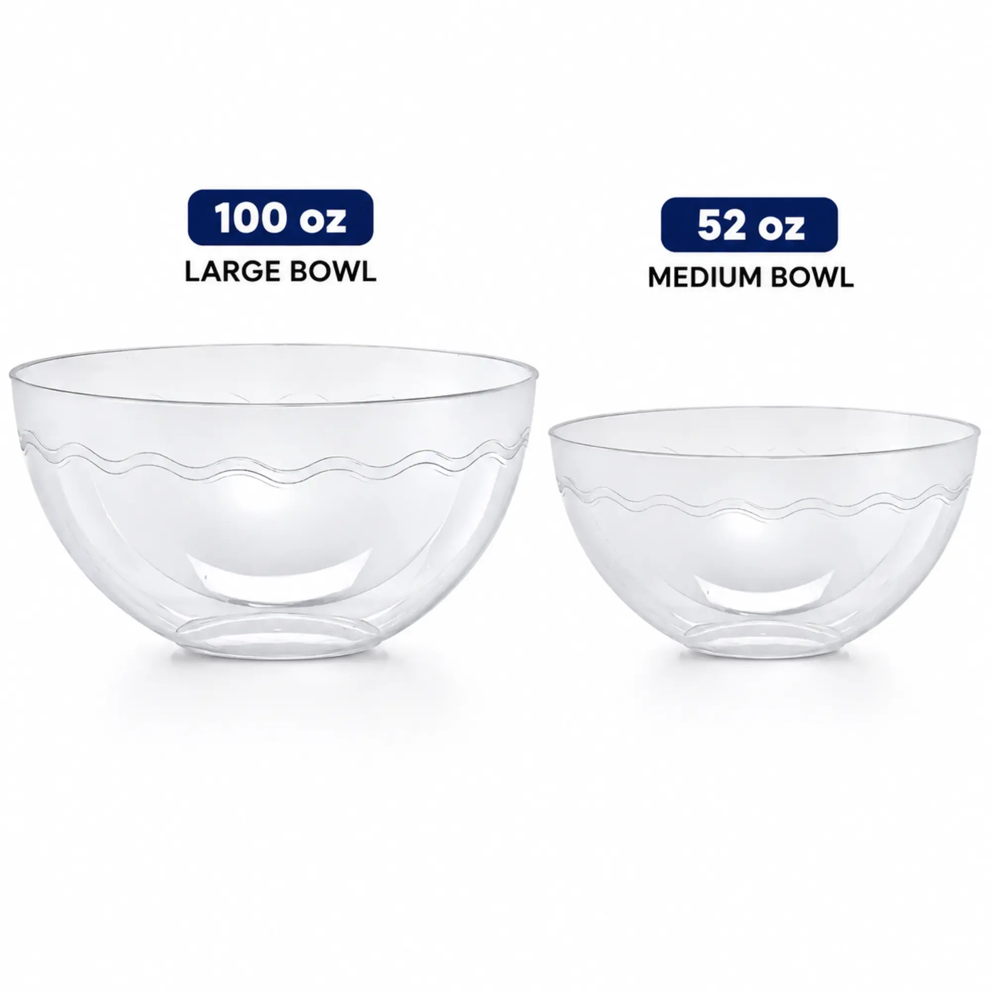 VeZee 52oz, 100oz Clear Plastic Bowl, Disposable Food Storage Container for Salads, Pasta, Fruit, Meal Prep, Takeout, Catering, Parties, Picnic, Leak-Resistant, BPA-Free, Reusable. (Pack of 2)