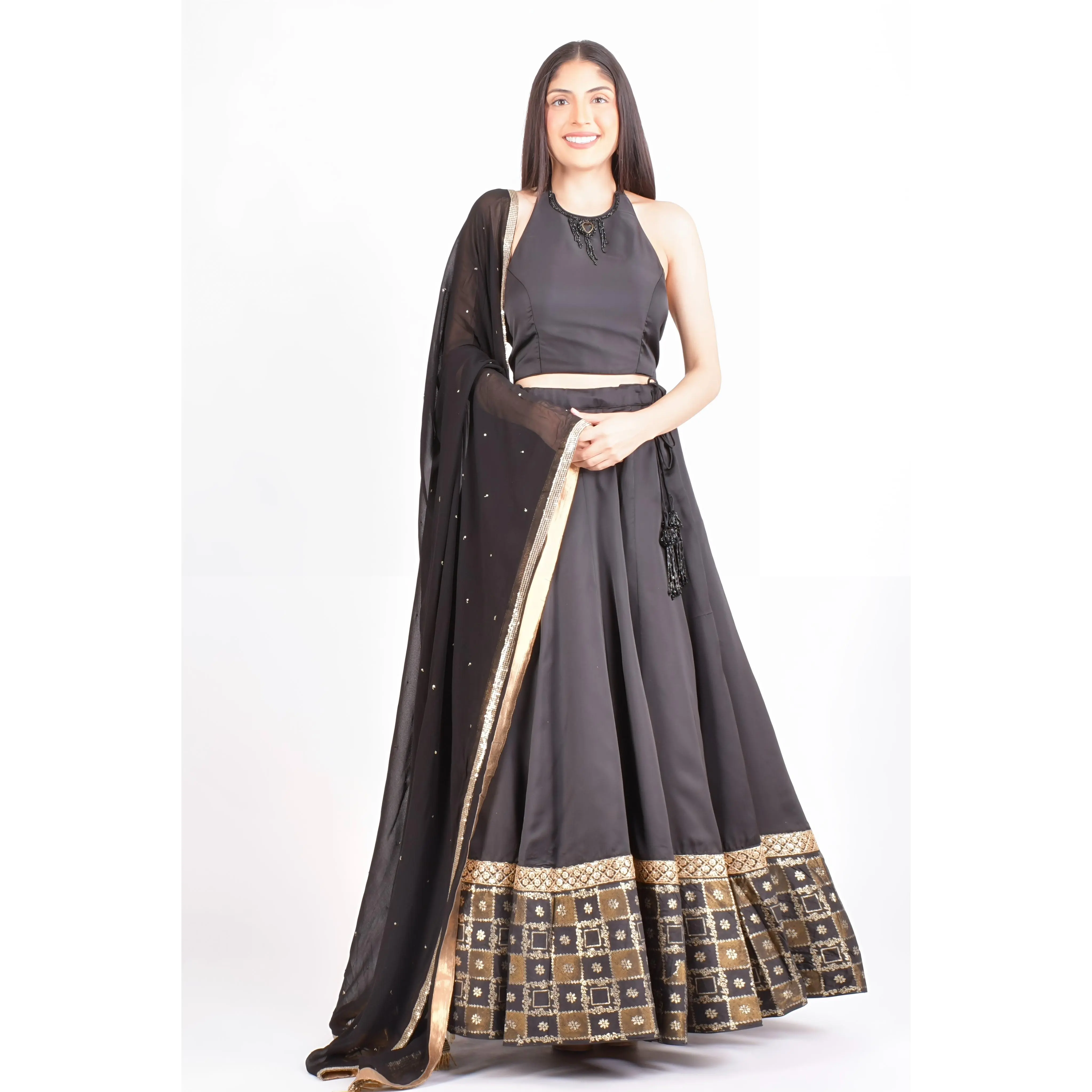 Black Lehenga Choli with Halter Neck & Gold Border
