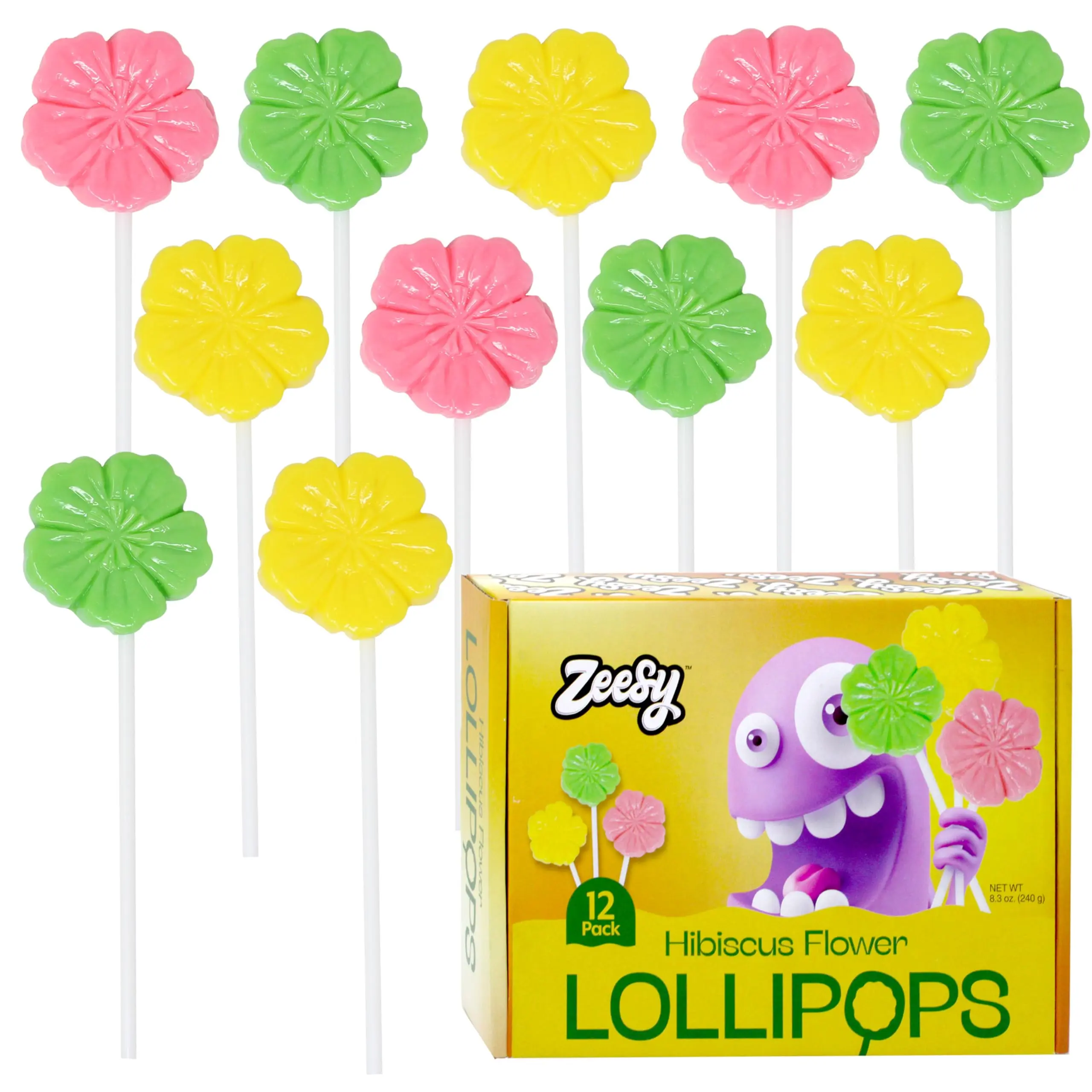 Zeesy Hibiscus Flower Hard Candy Lollipops - 12 Pack Individually Wrapped Suckers - Luau Hawaiian Tropical Party Favors, Individually Wrapped Lollipops
