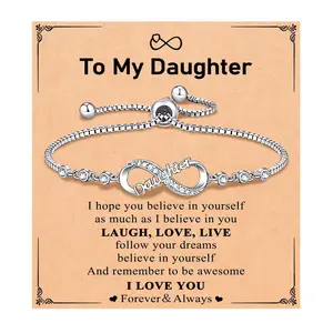 Stainless steel letter 8 bracelet with zircon inlay, pull-out chain, a gift for daughter and mother, featuring the infinity symbol.