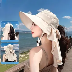 Women's Spring Summer Outdoor Sun Visor Hat, Big Brim Bucket Hat with Shawl & Ponytail Hole