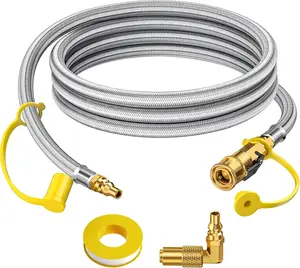 7FT RV Quick Connect Propane Hose with 1/4" Safety Shutoff Valve and 1/4" Male Full Flow Plug, Stainless Steel Braided Propane Hose with Elbow Adapter for 17" and 22" Blackstone Griddles