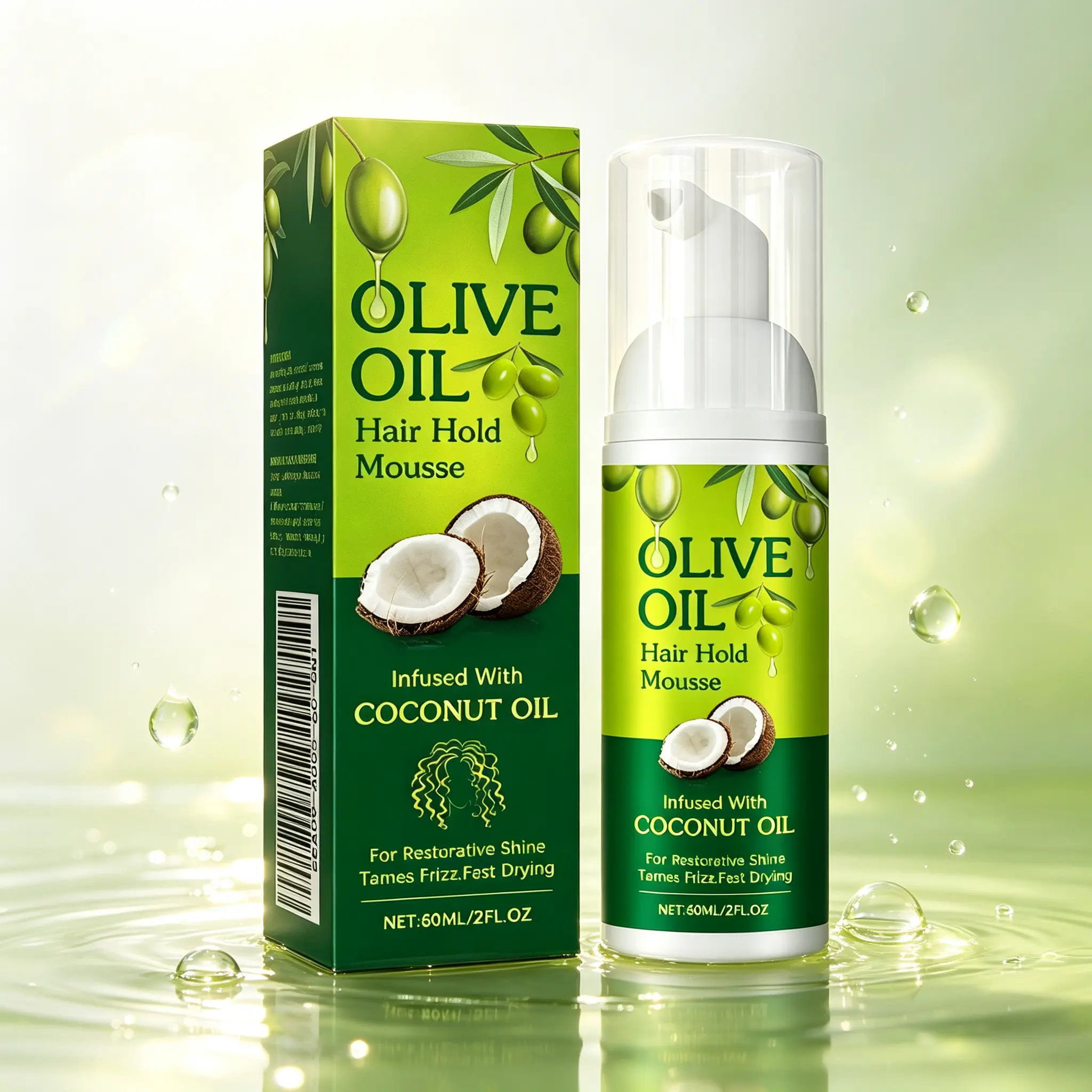 Frizz Control Hair Mousse with Nourishing Olive & Coconut Oil - Lightweight Styling for a Smooth, Glossy Finish, Daily Moisture, 60ml, Beauty Products, Haircare, Brush, Unisex, All Types, Smoothing, Oil Blend