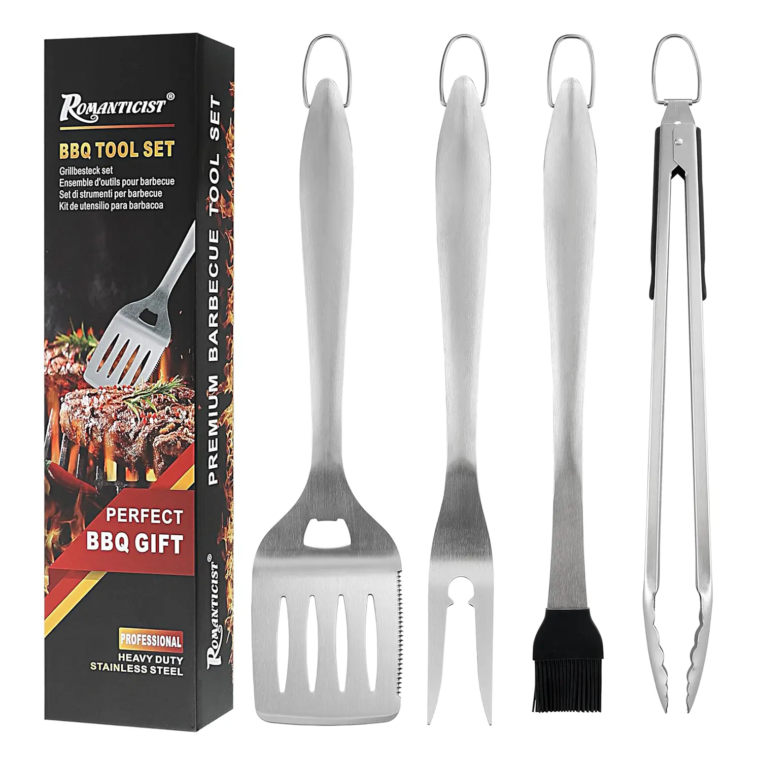 Romantic Barbecue Tool Sets - Romanticist Heavy-Duty Stainless Steel 4-Piece BBQ Utensils Set with Spatula, Tongs, Fork, Basting Brush, Perfect Fathers Day Gift Ideas for Dad, Kitchen & Grill Accessories