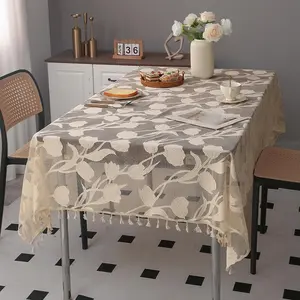 Lace Edge Tablecloth, High-End Cotton Linen Dustproof Farmhouse Style, Hollow Out Home Use Non-Slip Table Mat, Premium Heat Resistant