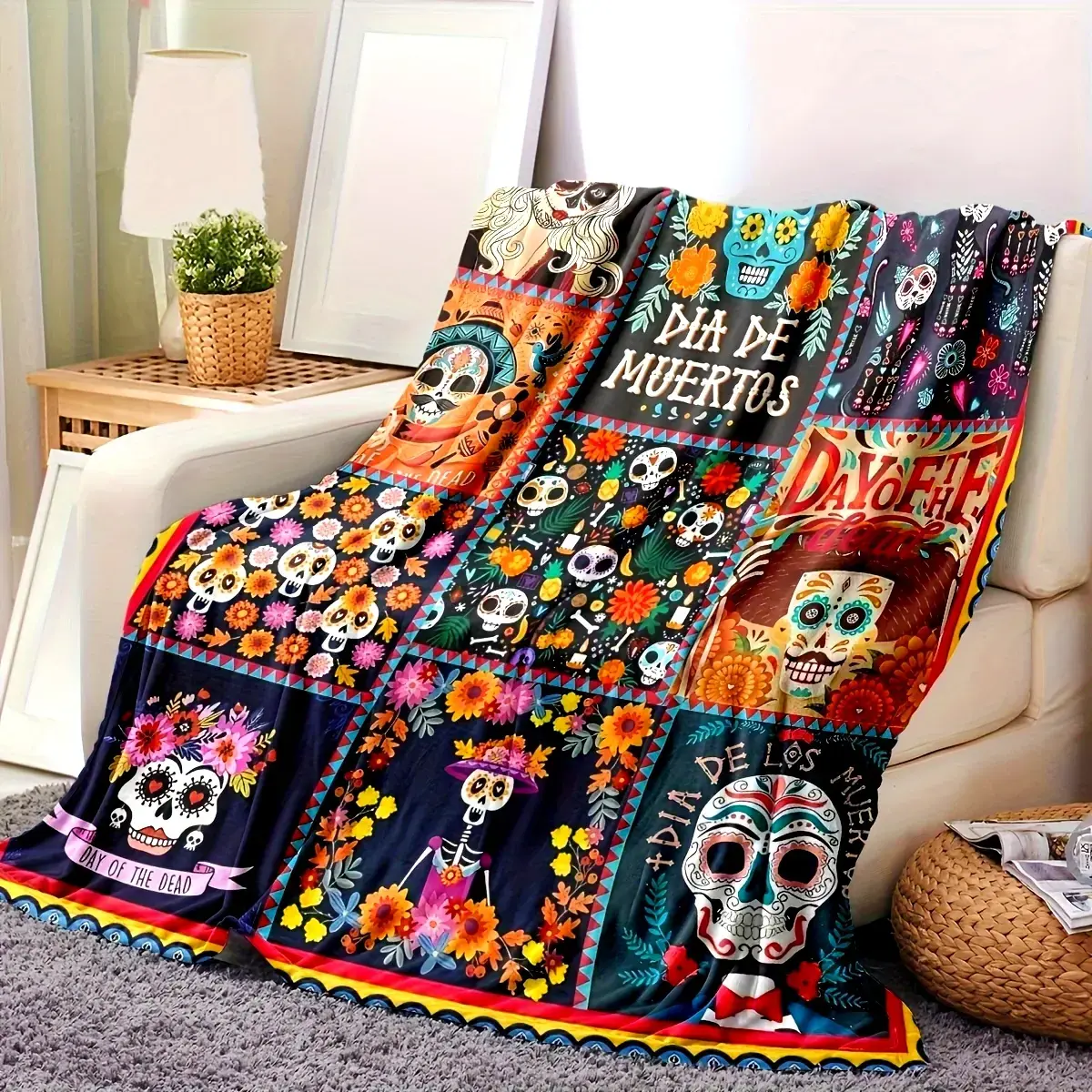 Antique Mexican Day of the Dead Patchwork Print Flannel-Polyester Blanket - 1-Piece, Multi-Size, 200-250g, Stain-Resistant, Tear-Resistant, Machine Washable, Soft & Warm, Indoor Use, Couch & Bed Decor