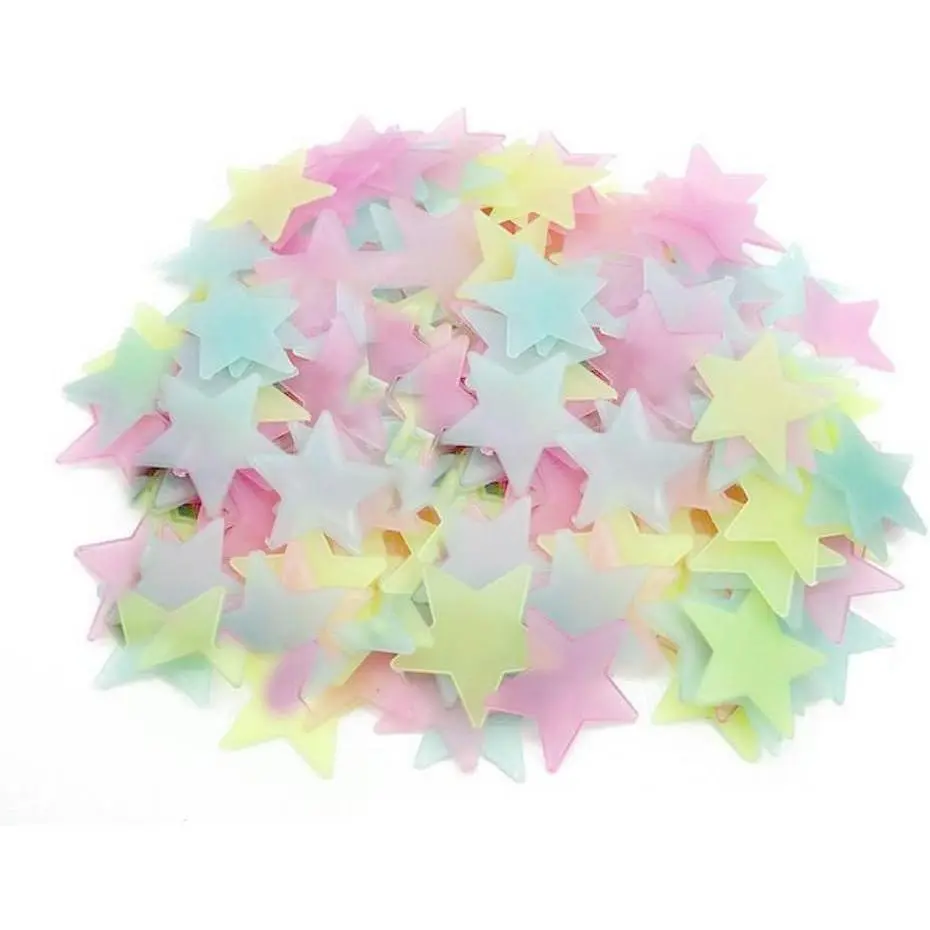 2pcs Mixed Coloured Luminous Fluorescent Stars Plastic Noctilucent Wall Stickers Decals for Bedroom Ceiling Wall Decoration Glow in The Dark Stars Stickers Decal for Baby Kid's Nursery Room