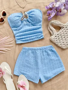 Summer Two-Piece Set, Crop Top, Bohemian Style, Knit, Romantic Floral Pattern, Vacation Wear, Party Dress, Holiday, Women's Fashion