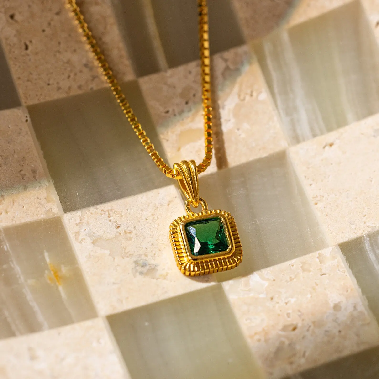 Vintage Emerald Pendant Necklace by Caitlyn Minimalist - Ribbed Green Art Deco Necklace in Gold - Emerald Jewelry - Gift for Mom