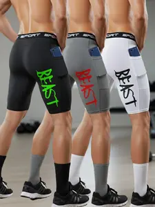 3 Pack Men's Compression Training Cycling Shorts with Pockets, Side Pockets Shorts, BEAST Graphic Quick Dry High Stretch Performance Shorts for Gym, Running, Basketball Training, Fitness Workout and Everyday Active Wear, Black White Gray Set