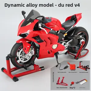 Dynamic alloy motorcycle model, 1:7 ultra-light all-carbon V4, featuring realistic sound and light effects + key start, mechanical linkage design, water spray effect, abundant alloy material construction, suitable for both collection and playing.