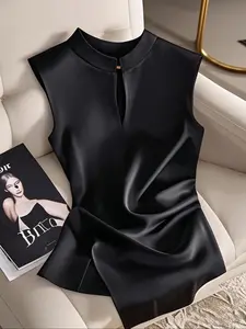 Women's Sexy Sleeveless Blouse, New Style Stand Collar Ruched Waist Design, Elegant Fashion Top for Ladies