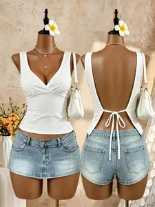 Women's Tie-Back Backless Top, Sexy V-Neck Sleeveless Shirt, Summer Party, Nightclub, Street Style, Slim Fit Halter Top
