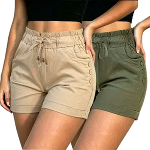 Women's 2PCS Spring-Summer Casual High-Waisted Cinched-Fit Shorts, Polyester Garment with Button-Elastic Design, Loose-Adjustable Comfort for Everyday Wear