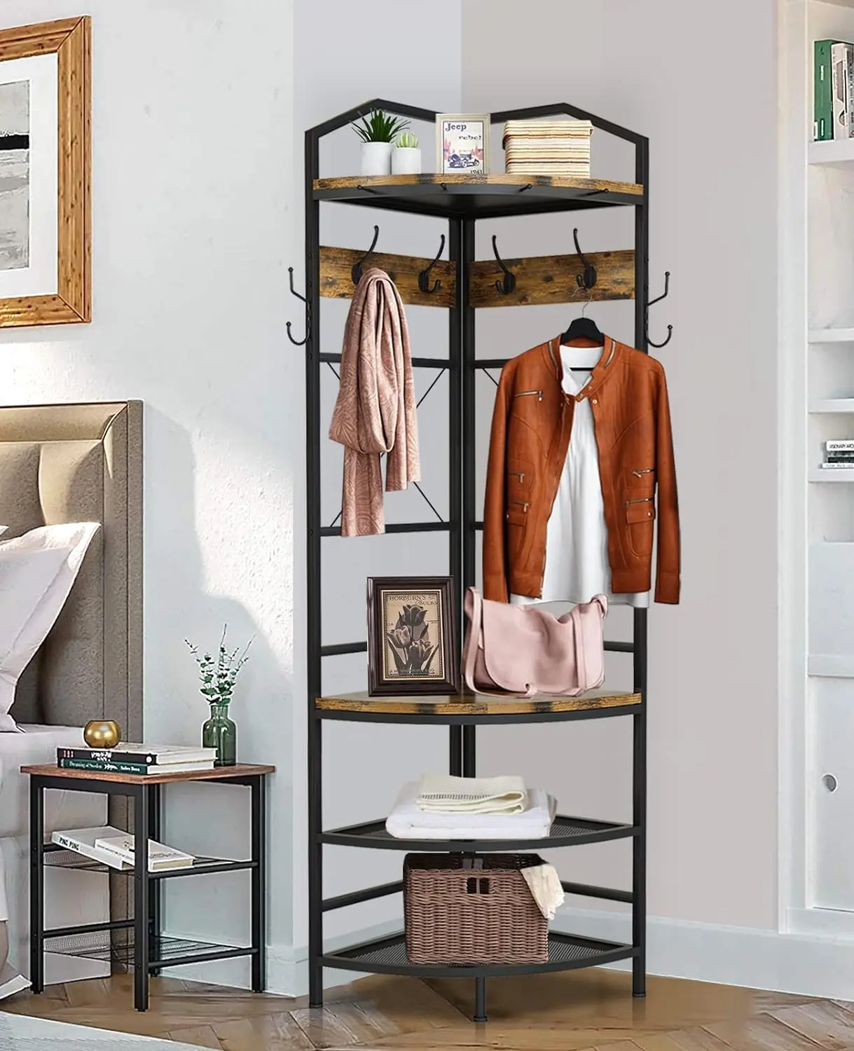 Recaceik Small Stable Corner Coat Rack with 6 Double Hooks - Wooden Indoor Furniture, Metal Frame Organizer, Multifunctional Open Shelf Storage, Entryway Shoe Bench & Decor