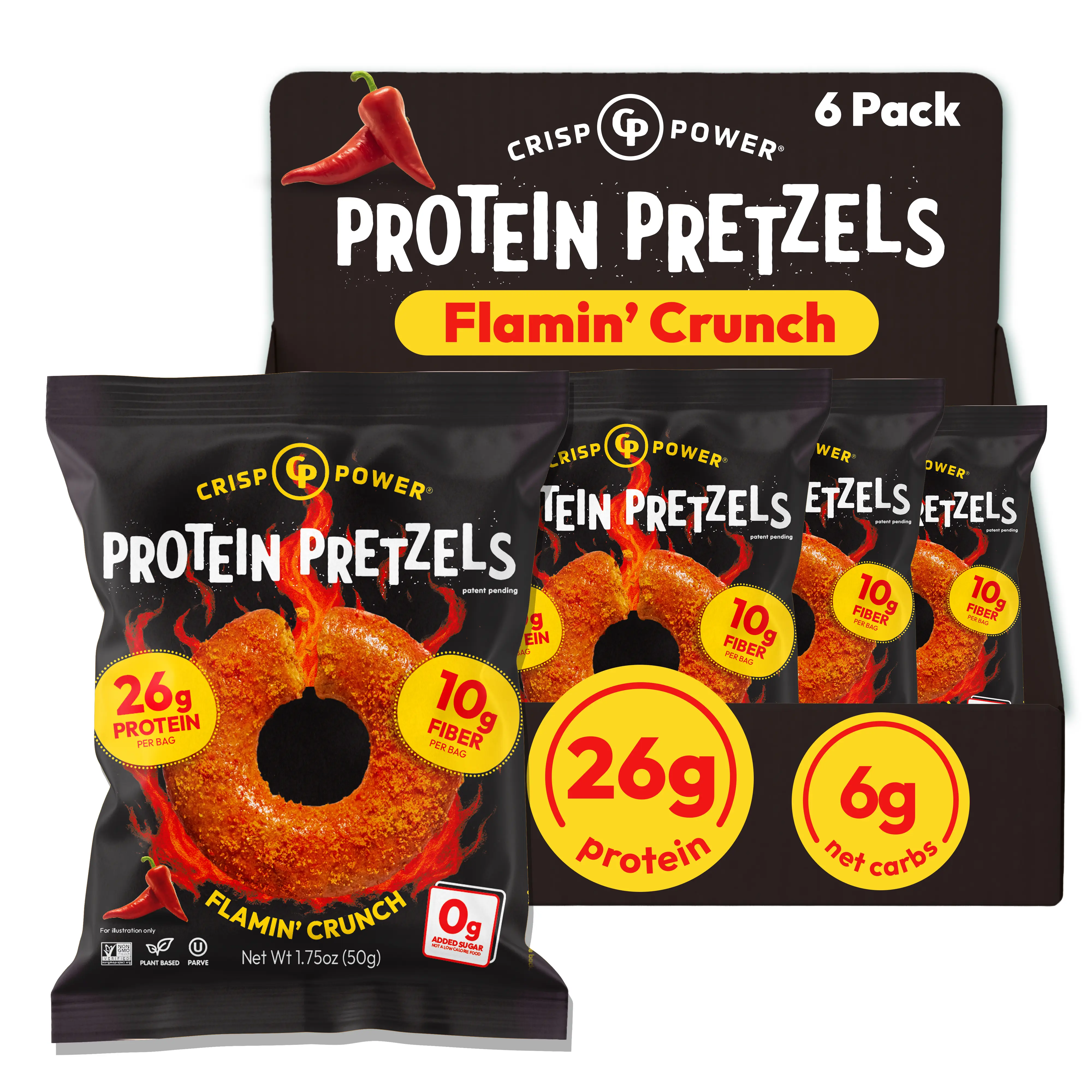 Crisp Power Protein Pretzels, NEW Flamin’ Crunch , High Protein Snack, 26G Protein, 6g Carb Crunchy Pretzel Snacks, No Added Sugar, 1.75 oz Bags, 6 Pack, Keto, 10g Fiber