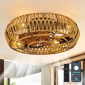 18.9*18.9*6.7 Inch Bohemian Caged Ceiling Fan with Light, 6-Speed Reversible Bladeless Fan with Remote, Twine & Faux Wood Farmhouse Flush Mount Ceiling Fan for Bedroom Living Room Kitchen