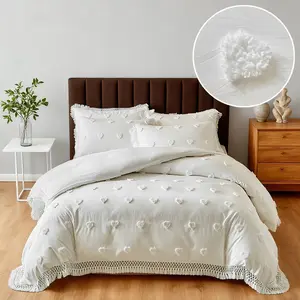 White washable tufted Decorative Duvet Cover set (2/3 counts) - no filling, 3D heart pattern + tassel Boho Bedding Set, Soft Bedding Set, farmhouse style bedroom decoration, retro romantic pillowcase set, bohemian style Valentine's Day gift, unisex