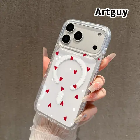 Magnetic Hybrid Shield Cellphone Case, Fits iPhone 17/16 Pro Max Plus/15/14/13/12/11/Air E - White Hearts Printed Transparent Acrylic Hard Back, Soft TPU Silicone Edge, Water-Resistant, Antifingerprint, Wireless Protection Phone Accessories