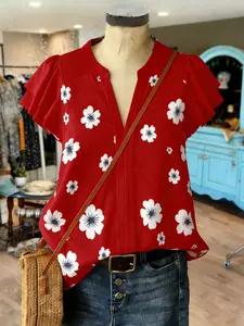 Plus Size Daisy Print Chiffon Top Blouse, Double Layer Ruffle Sleeve V Neck Loose Fit Shirt, Conceals Belly Fat, Comfortable Summer Wear