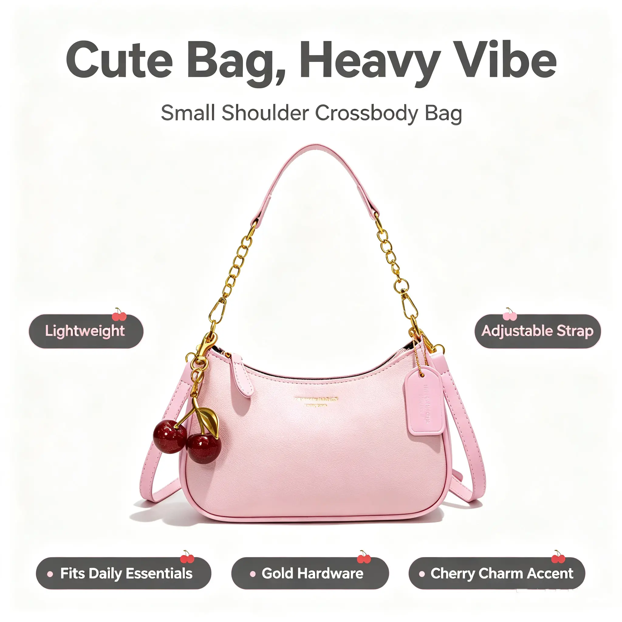 Women's Pink Faux Leather Baguette Shoulder Purse with Cherry Keychain - Adjustable Strap Casual Crossbody Handbag for Women, Daily Outfit Use, Handbags For Women