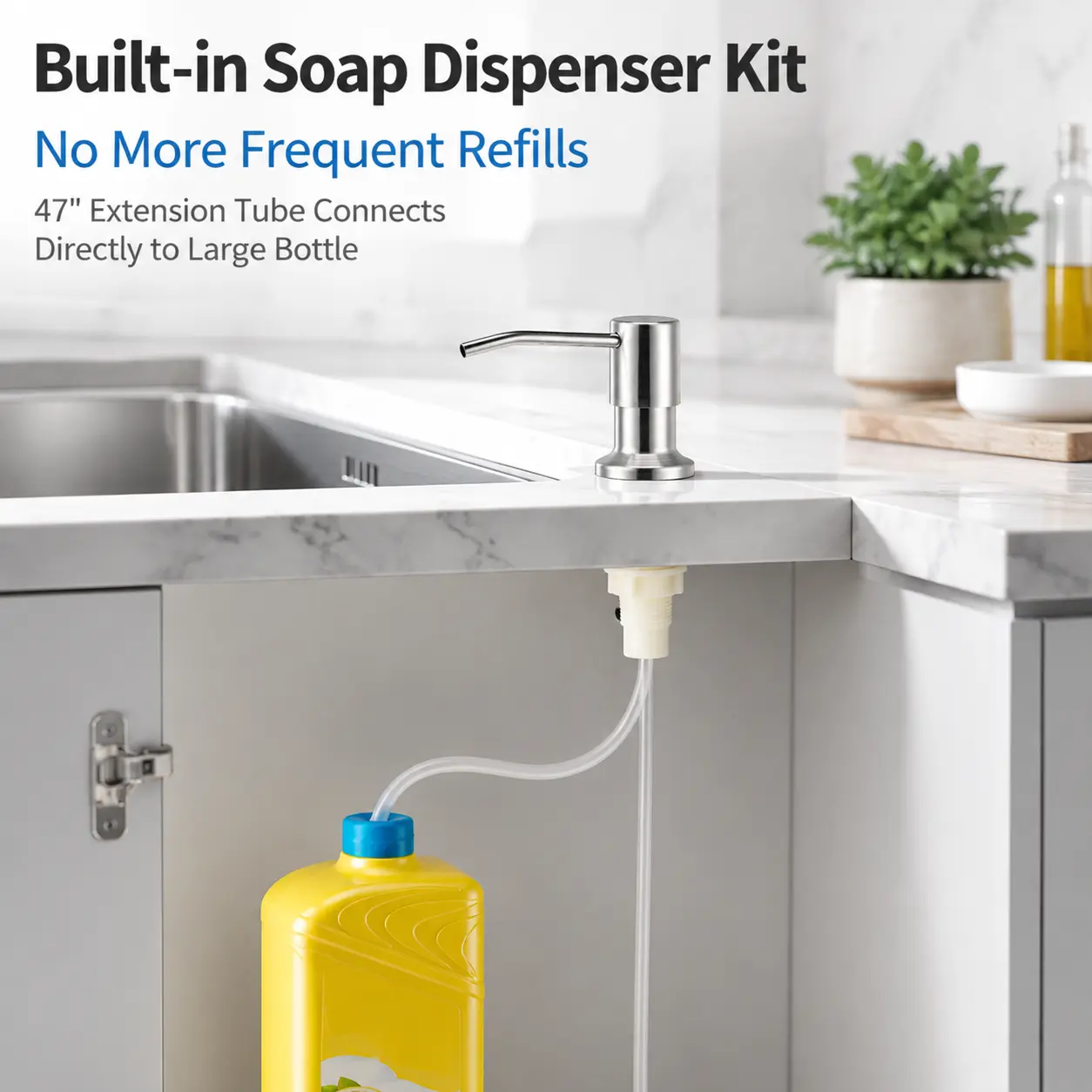 Brushed Nickel Stainless Steel Kitchen Sink Soap Dispenser - Smooth Silicone Water Pump, 39in No-Spill Extension Tube Kit, Wood Countertop Fit, Bottle Compatibility, Easy Installation, Reduces Refills, Bottles