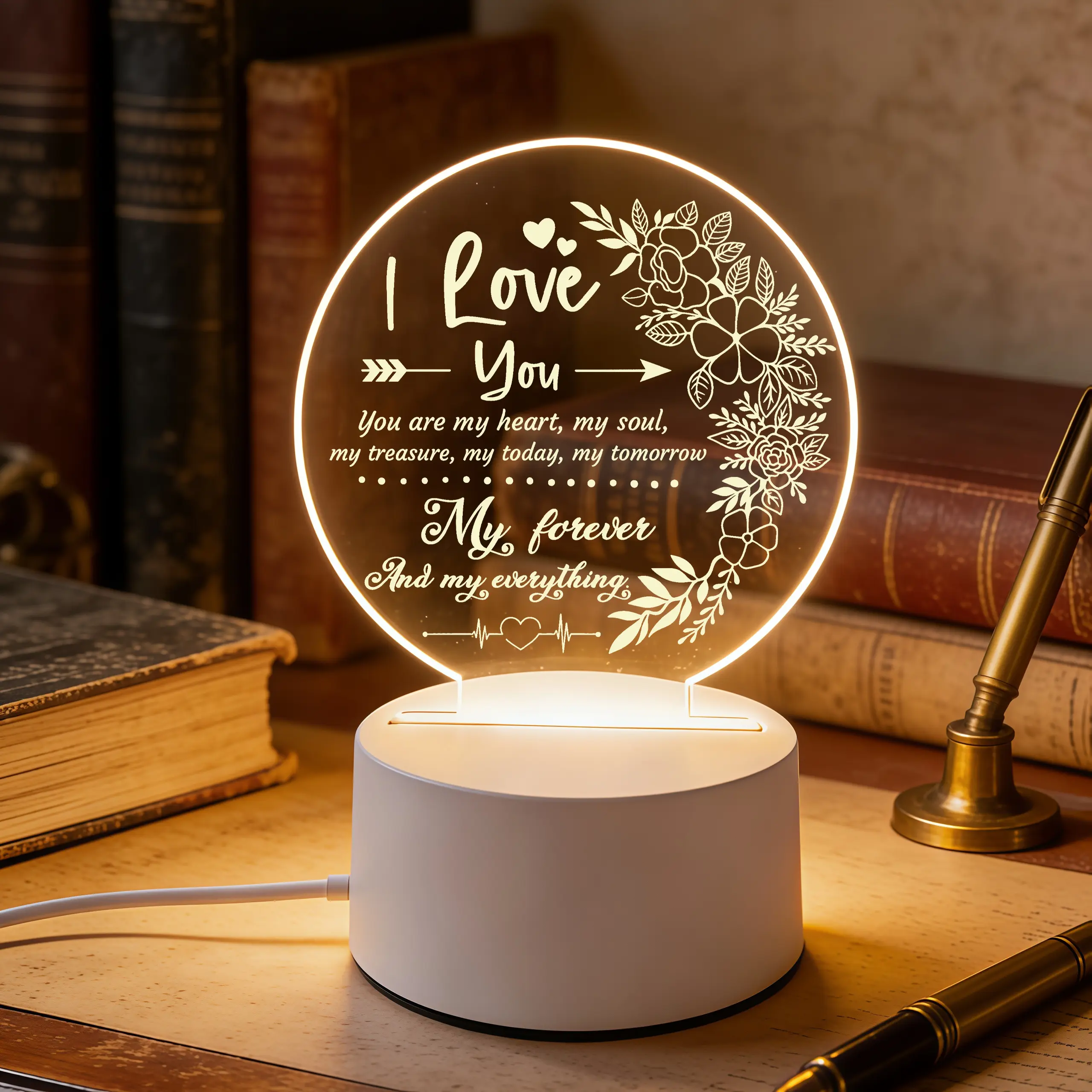 Engraved Acrylic Lantern Decorative Lights, Romantic "I Love You" Floral Wreath Round LED Night Lamp, USB-Powered Warm Glow, Light-Up Feature Decor, Love Gift for Her/Him, Anniversary Bedroom Decor, Light-Up Feature Decorative Lights